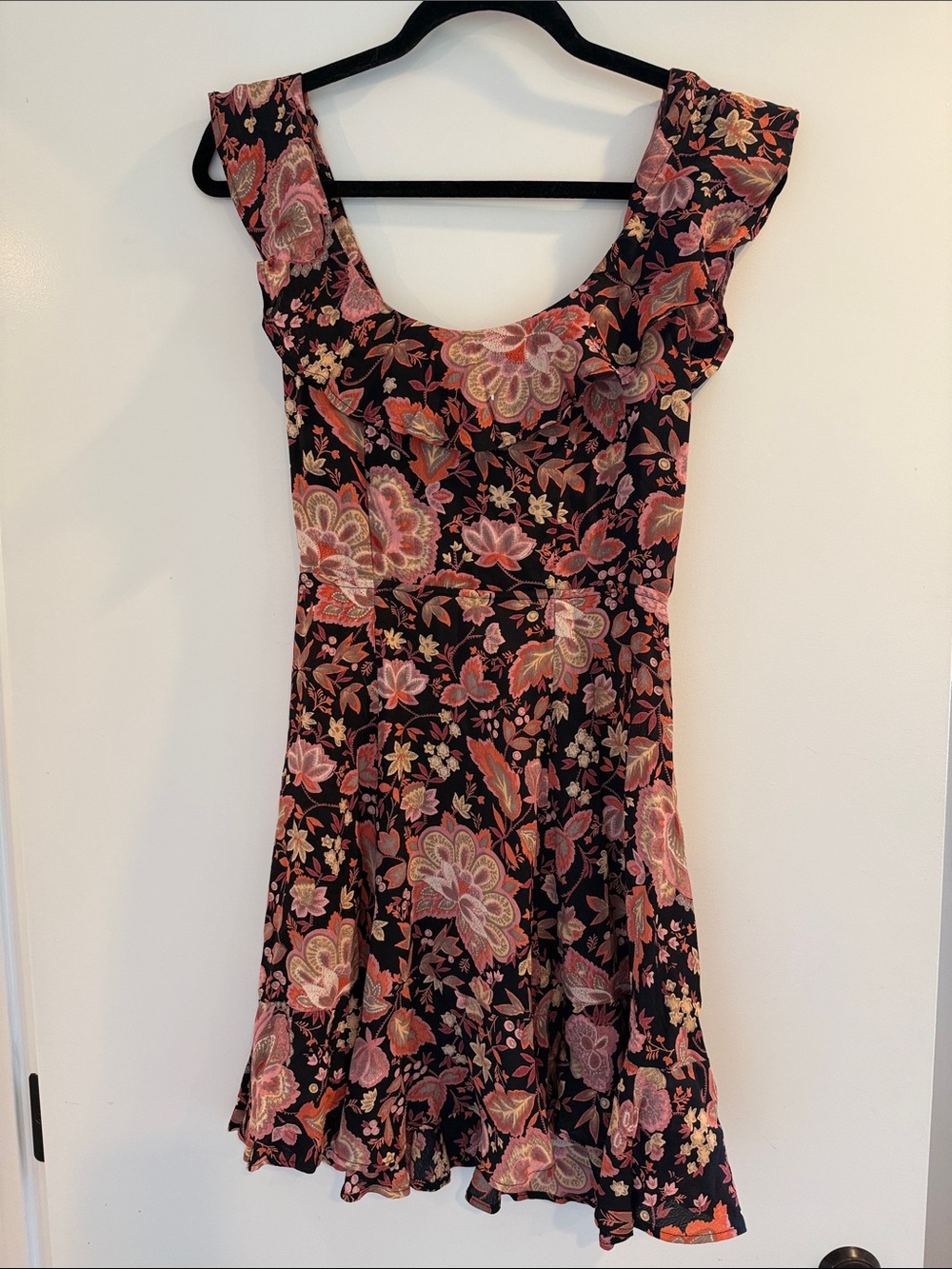 Reformation Black Mini Dress with Pink and Coral Floral Paisley Print